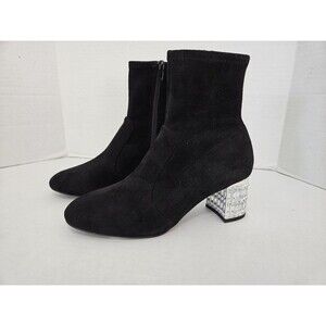 Dune London black Optimal Bootie faux suede Silvertone Rhinestone Block Heel 38